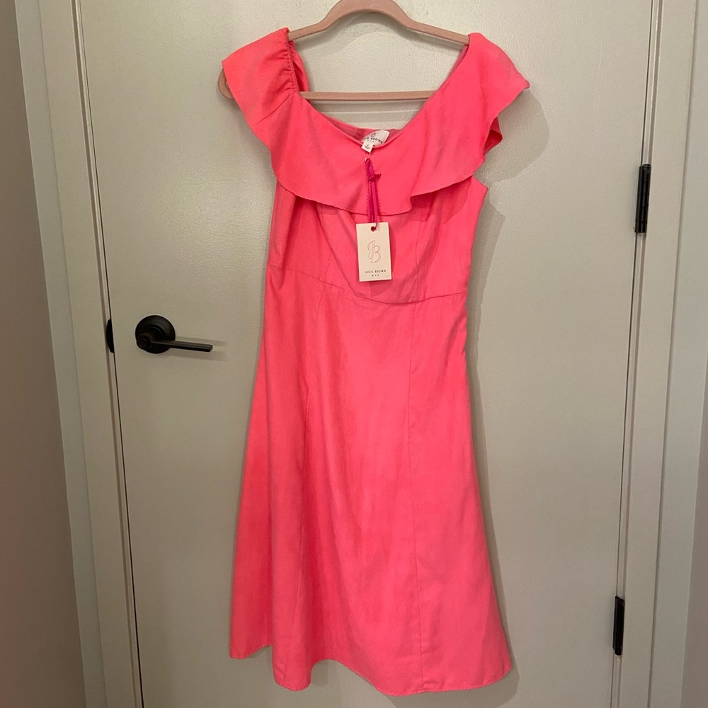 JB by Julie Brown Hot Pink Ruffled Off-Shoulder Midi Dress